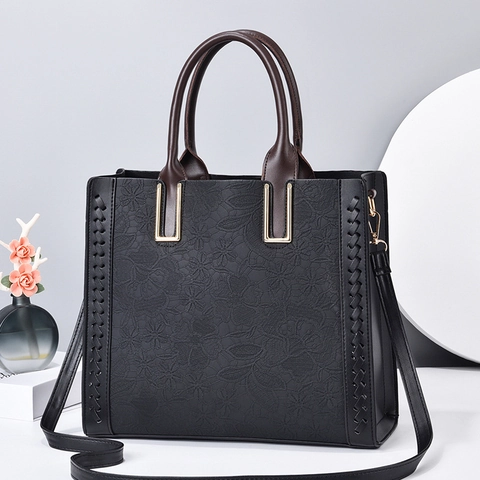 Tote Bag Floral Geprägte Spitze PU Leder Große Kapazität Crossbody Schulter Handtasche Elegant Für Frauen