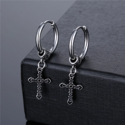 Cross Pendant Hoop Earrings Vintage Punk Gothic Distressed Stainless Steel Titanium Jewelry For Men Women