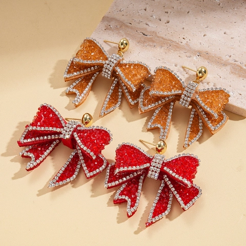 Oversized Strik Oorbellen Legering Hars Strass Decor Met Zilveren Oorsteker Glinsterende Elegante Sieraden Voor Dames