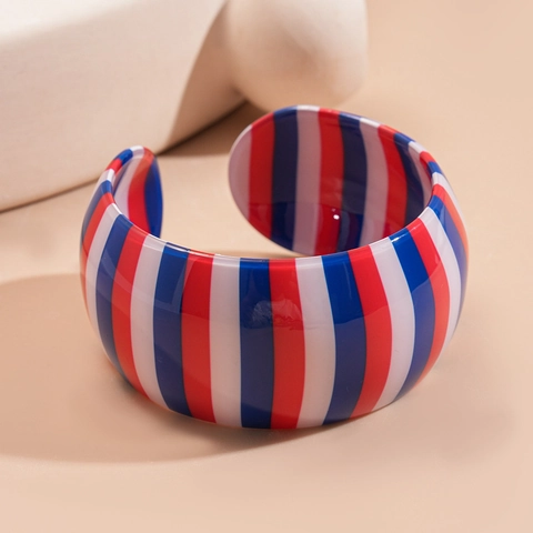Pulsera De Puño Ancha A Rayas Acrílico Geométrico Abierto Estilo Náutico Para Mujeres