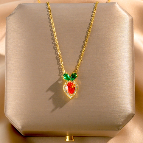 Korean Style Cute Carrot Pendant Necklace Titanium Steel Zirconia Inlaid Orange Green Vegetable Dainty Clavicle Chain Jewelry Women Gift