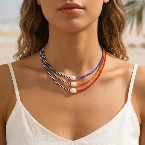 Bohemian Handmade Colorful Glass Seed Bead Necklace Splicing Irregular Freshwater Pearl Pendant For Women Fashion Jewelry