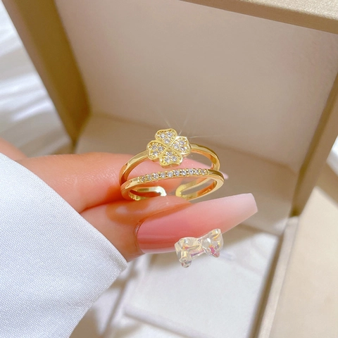 Four-leaf Clover Ring Zircon Inlaid Gold Plated Brass Double Layer Adjustable Opening Elegant Jewelry For Women