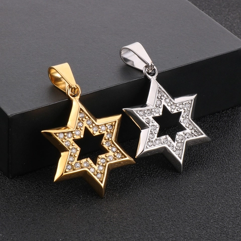 Davidstern Hexagramm Anhänger Halskette Iced Out Edelstahl Hohl Religiöser Hip Hop Schmuck Für Herren