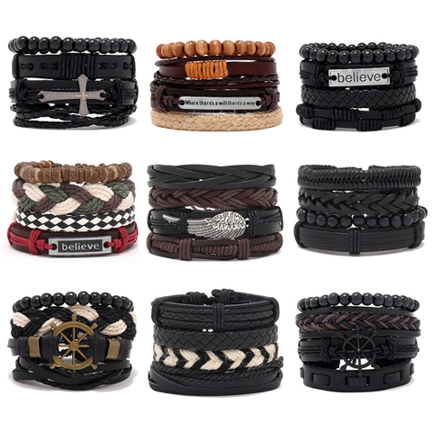 Braided Cowhide Leather Wax Rope Wood Bead And Alloy Charm Multilayer Vintage Wristband Bracelet