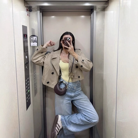 Gabardina Corta Mujer Chaqueta Doble Botonadura Solapa Suelta Estilo Británico Casual Otoño Color Sólido