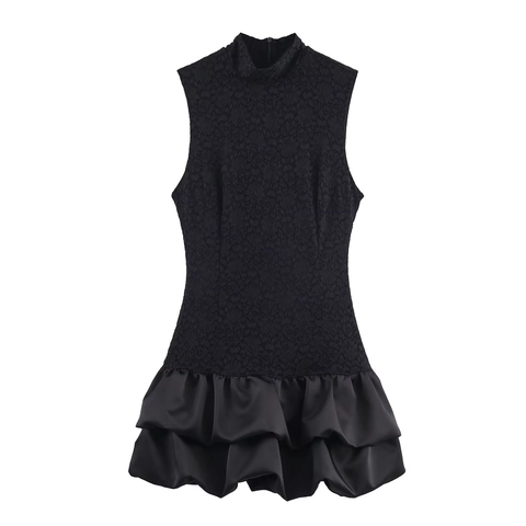 Mini Kleid Spitze Satin Patchwork Ärmellos Hochgeschlossen Elegant Cocktail Party Mode Für Frauen