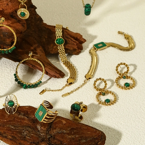 18K Gold Plated Stainless Steel Jewelry Malachite Artificial Pearl Shell Necklace Bracelet Earrings Rings Geometric Elegant Women