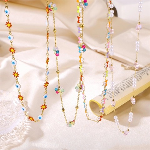 Butterfly Pendant Necklace Stainless Steel Enamel Daisy Evil Eye Flower Faux Artificial Pearl Jewelry For Women