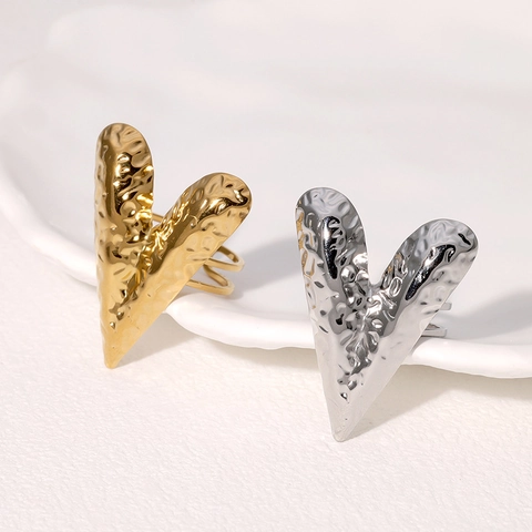 Anello Aperto Cuore Texture Martellata In Acciaio Inossidabile Placcato Oro Gioiello Retro Per Donna