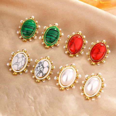 French Vintage Stainless Steel Oval Earrings Gold Plated Artificial Pearl Inlaid Turquoise Enamel Stud Earrings For Women Jewelry