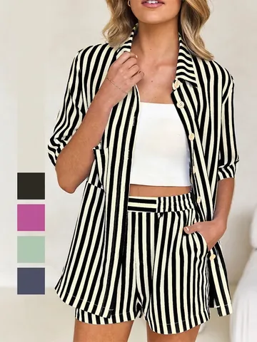 Completo Camicia E Pantaloncini A Righe Outfit Casual Per Vacanze Estive Donna Camicia A Maniche Corte Chic
