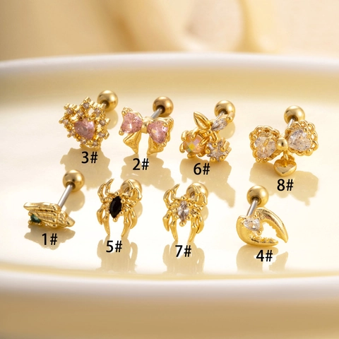 Heart Bow Spider Sea Snail Butterfly Ear Cartilage Stud Zirconia Copper Stainless Steel Piercing Jewelry Fashion Women