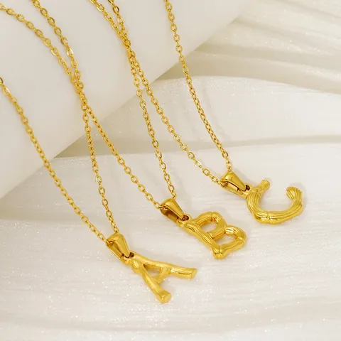 Initial Buchstaben Anhänger Halskette 18K Vergoldet Edelstahl Bambus Textur Hip Hop Personalisierter Schmuck Unisex