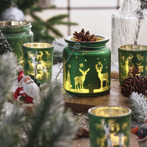 Bougeoir De Noël En Verre Lanterne LED Motifs De Renne Et Flocon De Neige Verre Dépoli Décoration De Table Ornement Festif