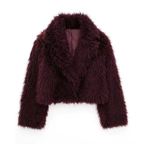 Women Faux Fur Jacket Cropped Shaggy Winter Coat Lapel Long Sleeve Warm Solid Color Elegant Casual Outerwear