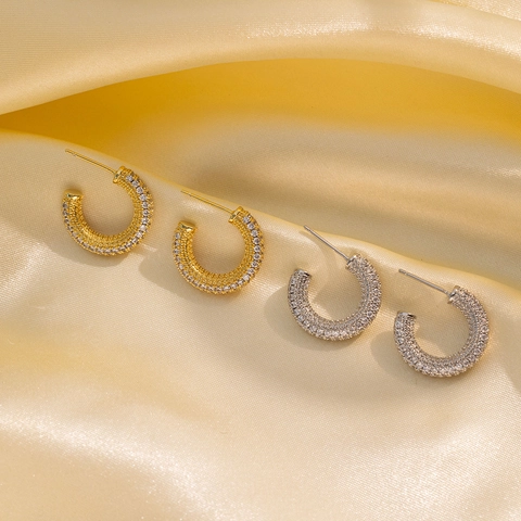 C-Shaped Hoop Earrings Full Zircon Rhinestone French Retro Minimalist Jewelry For Women With Titanium Steel Earring Post