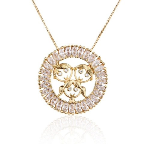 Round Pendant Necklace Copper 18K Gold Plated Marquise Cubic Zirconia Cartoon Child Boy Girl Hollow Family Theme Jewelry
