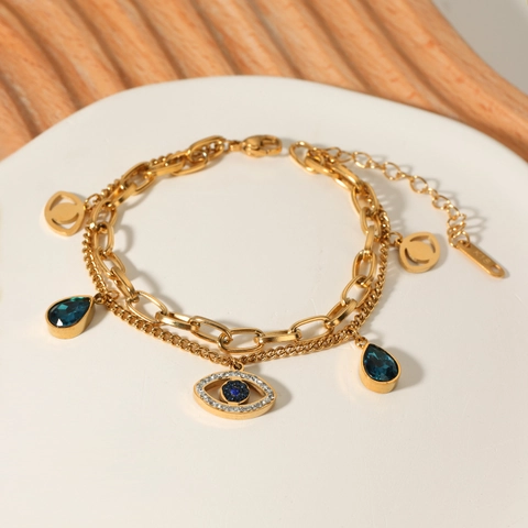 Evil Eye Doppelreihiges Armband Edelstahl 18K Vergoldet Blauer Edelstein Zirkon Böhmischer Schmuck Für Frauen