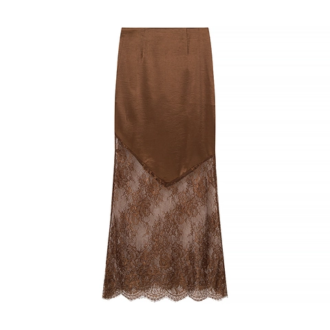 High Waist Satin Lace Patchwork Midi Skirt For Women Sexy Streetwear Caramel Brown Elegant Bodycon Pencil Skirt