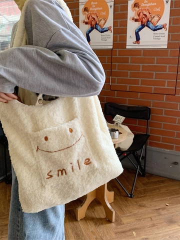 Borsa Tote In Peluche Grande Capacità Da Donna Borsa A Spalla In Lana Di Agnello Morbida Ricamata Inverno