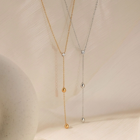 Stainless Steel Zircon Lariat Necklace For Women Elegant Y-Shaped Long Water Drop Pendant Waterproof Jewelry