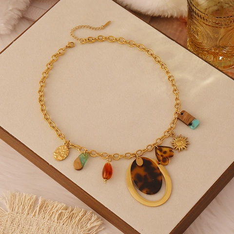 Retro Bohemian Necklace Stainless Steel Resin Wood Leopard Print Multi Charm Flower Sun Heart Shape Vintage Clavicle Chain Jewelry