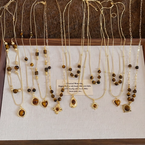 Vintage Tiger Eye Stone Pendant Necklace Gold Plated Alloy Clavicle Chain Elegant Floral Heart Sun Jewelry For Women