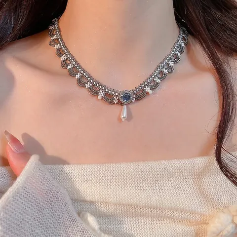 Retro Lace Beaded Choker Necklace With Blue Glass Stone And Water Drop Imitation Artificial Pearl Pendant Handmade Ethnic Style For Women