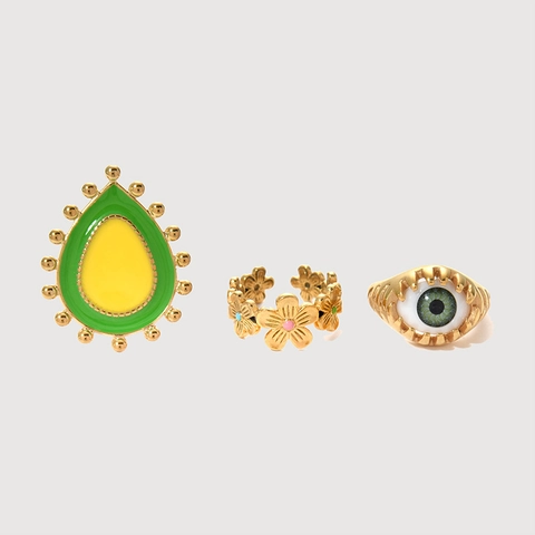 Vintage Edelstahl Böser Blick Blume Avocado Ringe Verstellbar Emaille Vergoldet Boho Modeschmuck Für Damen
