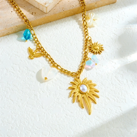 Collana In Acciaio Inossidabile Placcato Oro Retrò Francese Con Pendenti Cuore Perla Artificial Fiore Croce Occhio Multi Charm