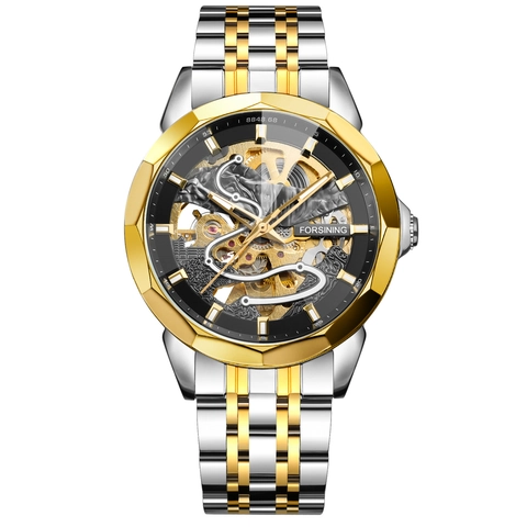 Forsining Men Automatic Mechanical Watch Skeleton Dial Stainless Steel Strap Waterproof Luminous Fashion Business Luxury