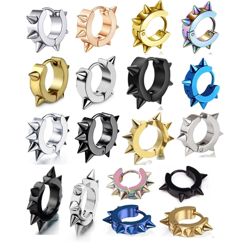Punk Stainless Steel Spike Hoop Earrings Huggie Rivet Ear Clips For Non Pierced Ears Rock Gothic Unisex Jewelry
