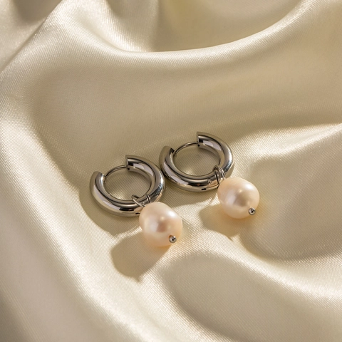 Boucles d'Oreilles Créoles en Acier Inoxydable à la Mode Avec Pendentif Perle d'Eau Douce Baroque Pour Femmes Bijoux Style Ins