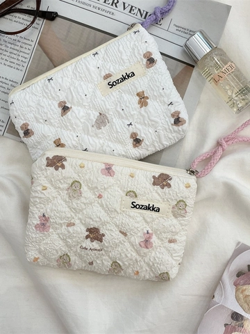 Quilted Makeup Bag Mini Padded Floral Cosmetic Pouch Portable Coin Purse Zipper Storage Bag With Wrist Strap Cute For Women