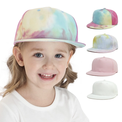 Kids Baseball Cap Polyester Flat Brim Snapback Hat Tie Dye Solid Color Sun Protection For Boys Girls