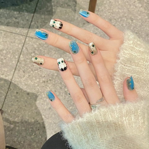 Handmade Luxury Press On Nails Blue Green Cat Eye Rhinestone Gold Brushed Coffin Reusable Artificial Fake Nails