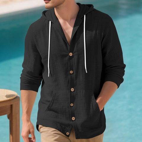 Camisa Con Capucha De Lino Para Hombre Manga Larga Con Botones Casual Playa Hoodie Top Con Bolsillo Canguro Transpirable