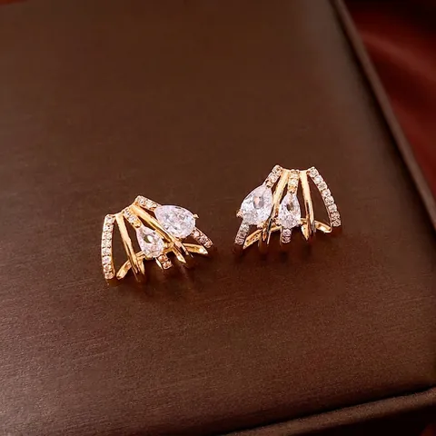 14K Gold Plated Zircon Teardrop Stud Earrings Multi Layered Copper Jewelry With Silver Earring Post For Women Fashion