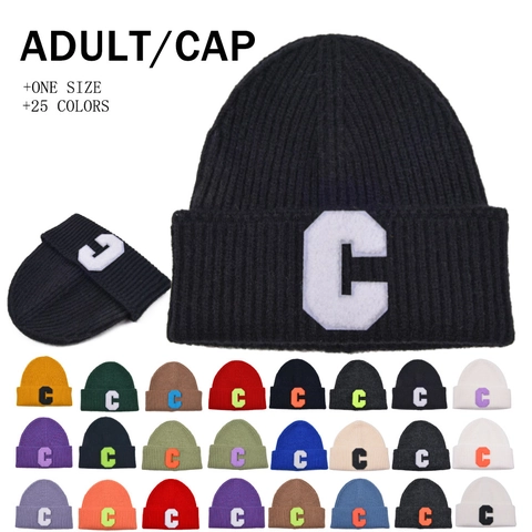 Knitted Beanie Hat Ribbed Woolen Warm Winter Letter C Patch Retro Casual Unisex Outdoor Accessories