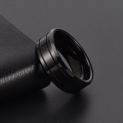 Men Tungsten Steel Ring Black Polished Simple Style Double Grooves Band Fashion Index Finger Jewelry