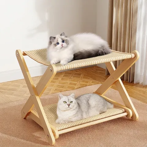 Solid Wood Double Layer Cat Bed Sisal Scratcher Bunk Bed Foldable Breathable Pet Hammock For Indoor Cats Kitten