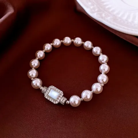 French Light Luxury Artificial Pearl Bracelet With Copper Square Shell Buckle Rhinestone Inlay Minimalist Versatile Jewelry For Women