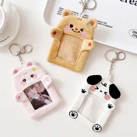Plush Card Holder Kawaii Animal Photo Card Protector With Keychain Bear Rabbit Dog Star Embroidery Bow For Idol Card