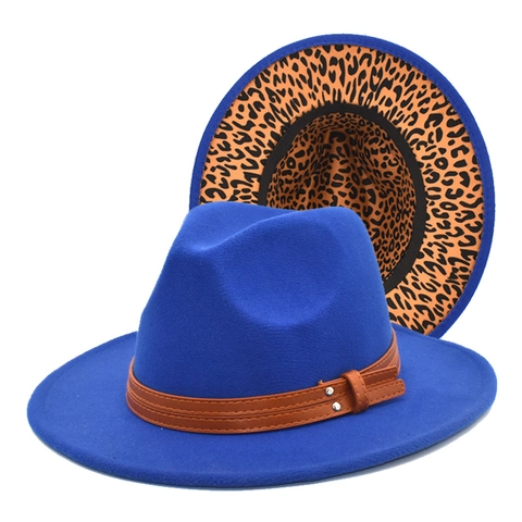 Cappello Fedora In Feltro Di Lana Tesa Larga Fodera Leopardata Fascia In Pelle Rivetti Jazz Cap Moda Unisex