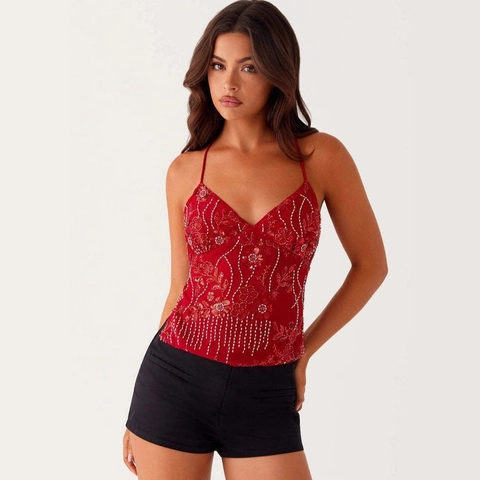 Top Canotta Ricamato Con Perline Da Donna Fiori Paillettes Scollo A V Spalline Sottili Sexy Slim Fit Estate Festa