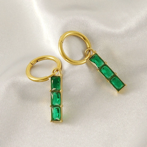 Rectangular Green Zircon Drop Earrings 18K Gold Plated Stainless Steel Geometric Trendy Fashion Jewelry For Women