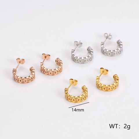 Stainless Steel C Shaped Stud Earrings Hollow Lucky Coin Pattern Retro Fashion Ethnic Jewelry For Women