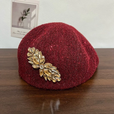 Damen Strick Baskenmütze Mit Strassblume Elegant Pailletten Warm Winter Herbst Mode Accessoire