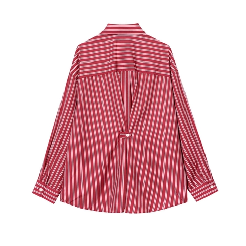 Women Long Sleeve Vertical Striped Shirt Polyester Poplin Button Down Loose Fit Casual Lapel Blouse Top